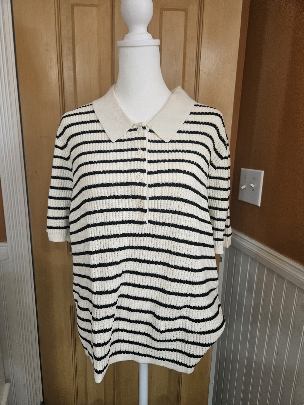 GAP Cream and Black Striped Button-Down Sweater Top